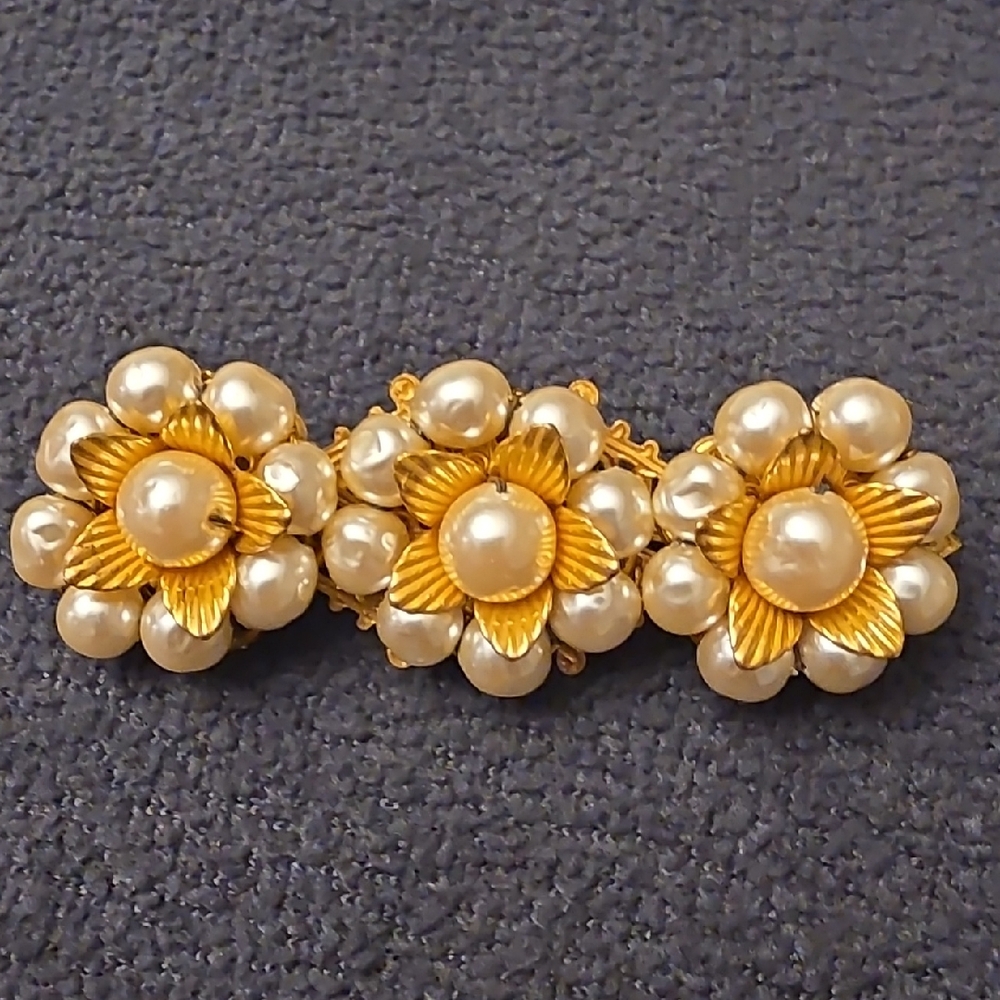 Miriam Haskell Gold and Cream Pearl Triple Floral Brooch